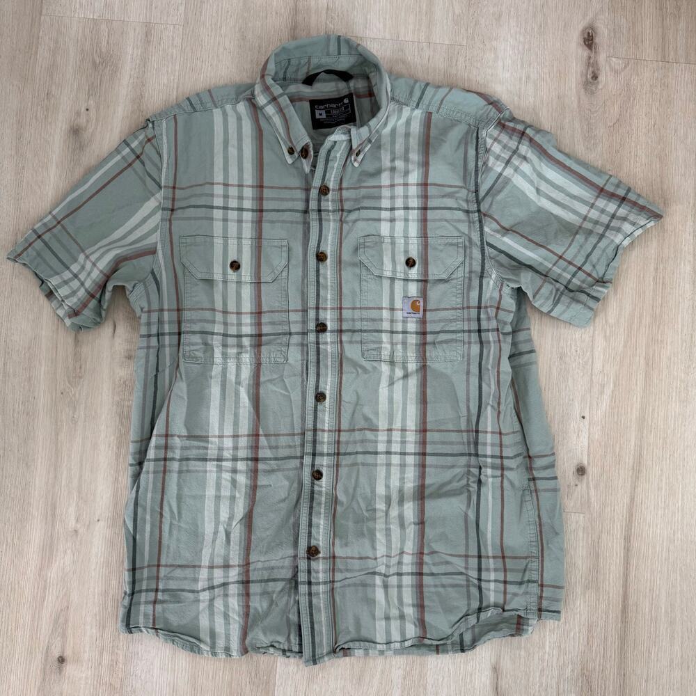 Carhartt Men's Loose Fit Midweight Short Sleeve Plaid Shirt Green Size Medium